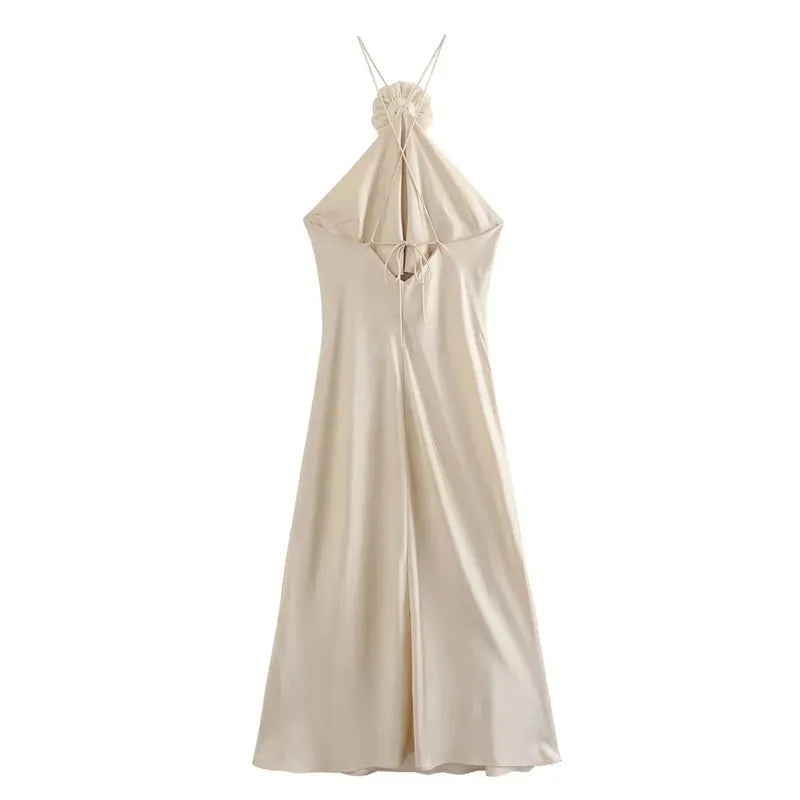 TRAF Flower Halter Dress Woman Off Shoulder Satin Long Dress Women