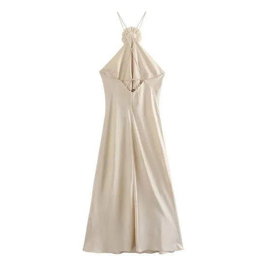 TRAF Flower Halter Dress Woman Off Shoulder Satin Long Dress Women