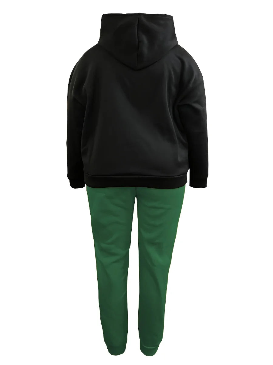 LW Plus Size Crown Letter Print Kangaroo Pocket Tracksuit Set Women Hooded Collar Sweatsuit Fall Long Sleeve Two Pieces Outfit