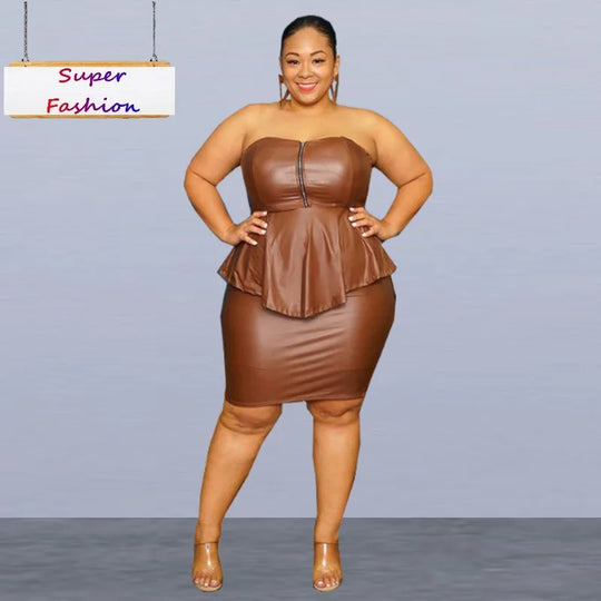 XL-5XL Plus Size Skirt Two Piece Sets Women Clothing Sexy Club PU Tube Top Hip Wrap Sleeveless Bodycon Lady Outfit Dropshipping