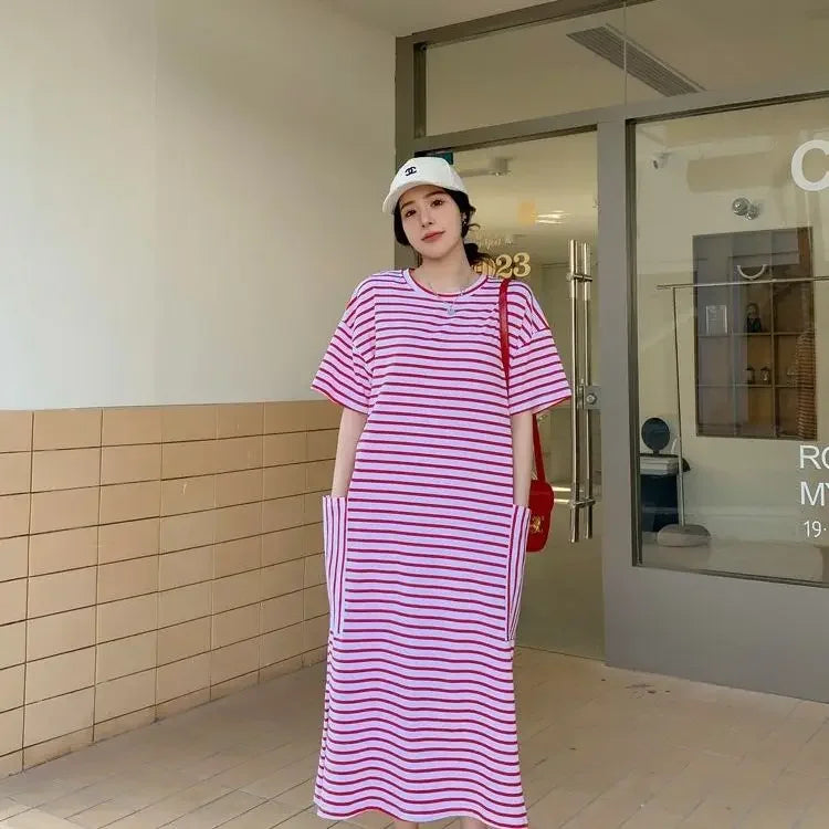 Summer New Round Neck Short Sleeve Loose Casual Tshirt Dress Women High Street Striped Patchwork Pocket All-match Maxi Dresses