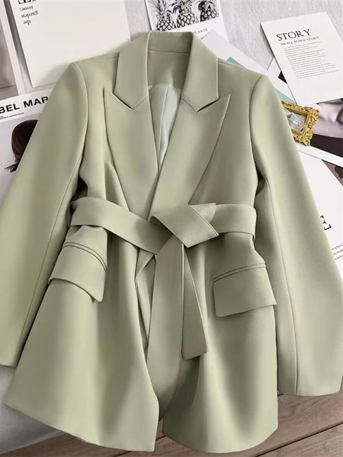 Women's Blazers Spring Autumn Suit Coat Beige Tie Up Jacket Slim Fit