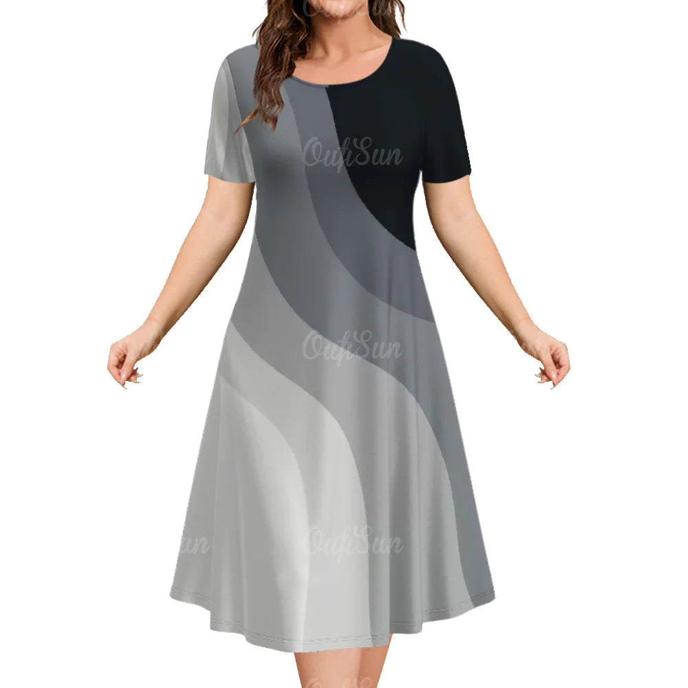 Woman Clothing Women‘S Short Sleeve Dress Loose Dresses 3d Streaks