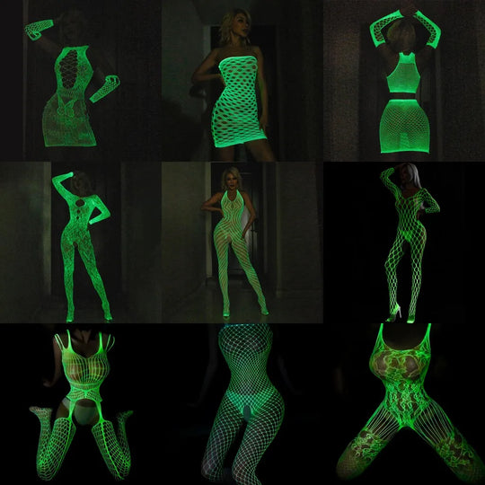 Luminous Fishnet Tights Women Elastic Mesh Open Crotch