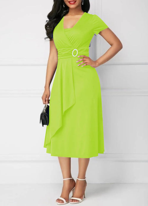 Summer Dresses Elegant Women Solid Color Short Sleeve V Neck