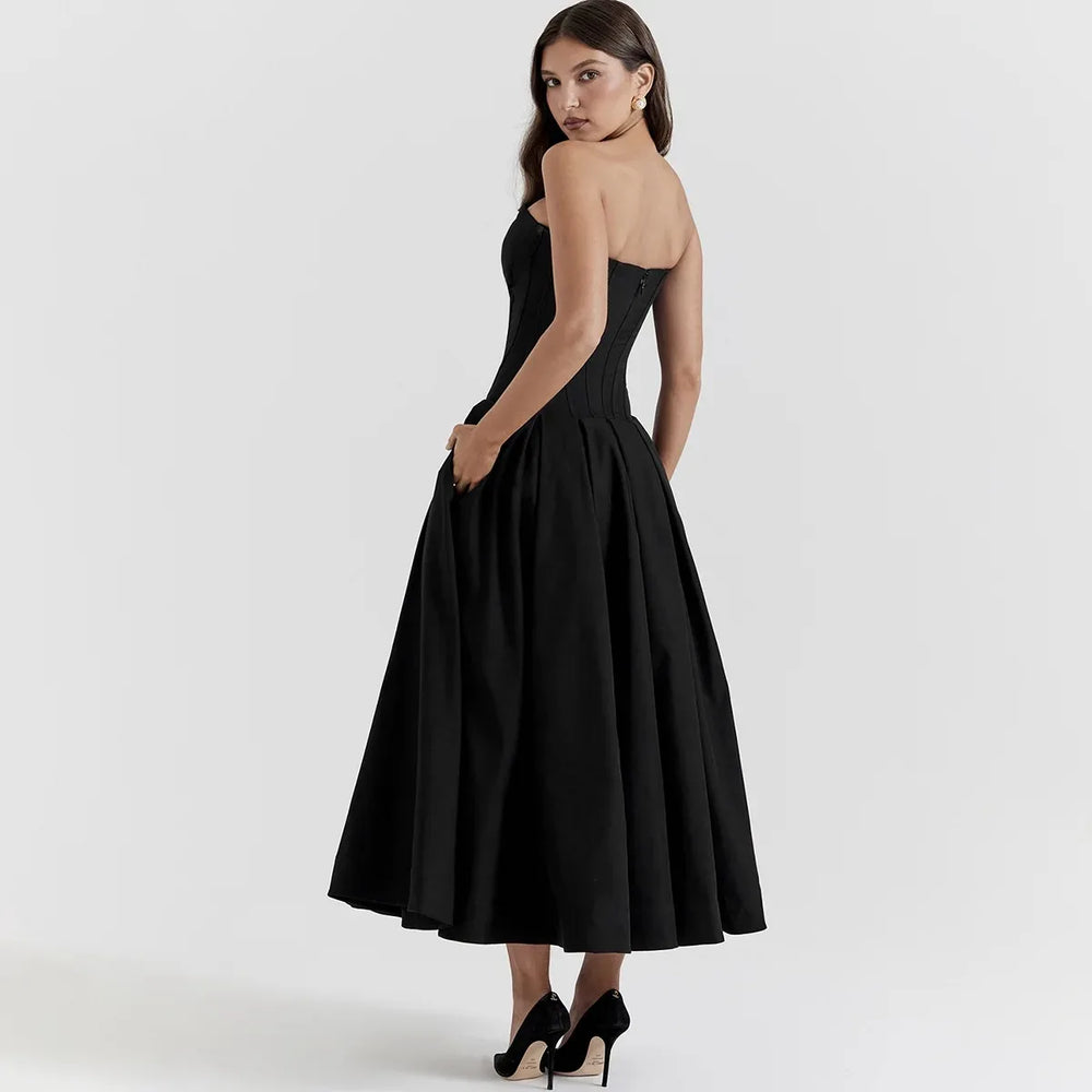 Black Elegant Wedding Events Dress Sexy Strapless Corset Dress Midi