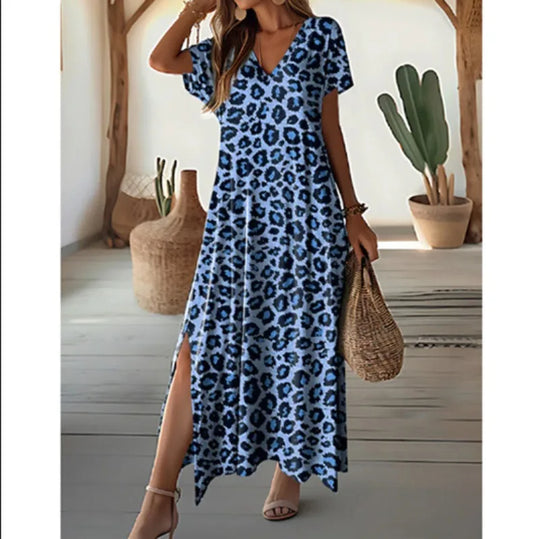 Summer Casual Loose Long Printed V-Neck Short Sleeve Dress for Women