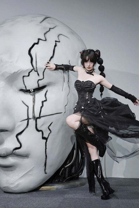 TDH Heavy Industries Handmade Pure Black Gothic Black Strap Drawstring Chest, Bird Cage, Affordable Bundle Body, Skincare Top