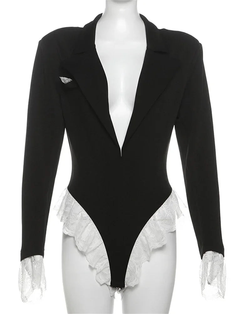 Lace Fashion Suit Jumpsuit Female Blazer Body Top V-Neck Slim Long