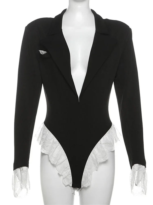 Lace Fashion Suit Jumpsuit Female Blazer Body Top V-Neck Slim Long