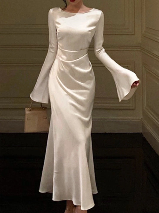 Autumn Elegant Solid Midi Dress Women Flare Sleeve Slim Mermaid Spring