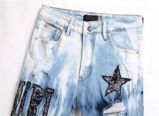 Y2K Star Embroidery Broken Hole Jeans Tie Dyed  Light Blue Cotton