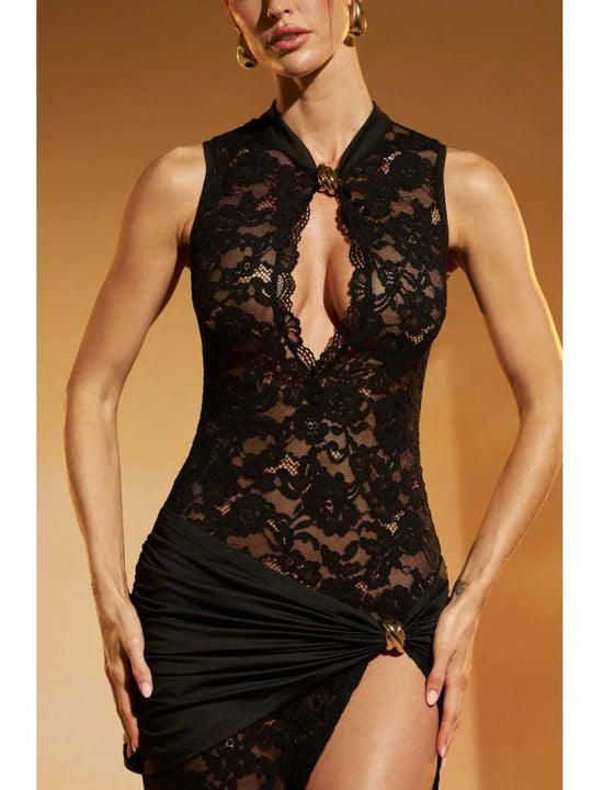 Fantoye Sexy Hollow Out High Slit Lace Women Maxi Dress Black See
