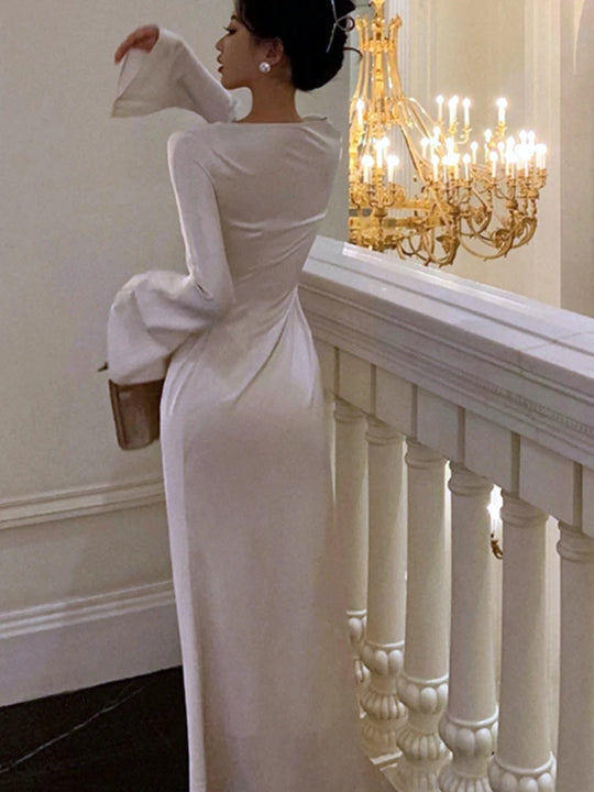 Autumn Elegant Solid Midi Dress Women Flare Sleeve Slim Mermaid Spring