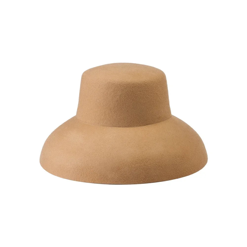 Vintage Elegant Autumn Winter Wool Felt Fedora Hat for Women Flat Top Wide Downturned Brim Hat with Tie Band Church Hat