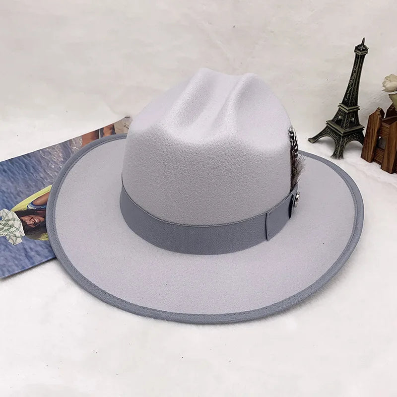 Warm Soft Lightweight Wool Felt Fedora Hat with Feather British Style Autumn Winter Versatile Unisex Adjustable Band