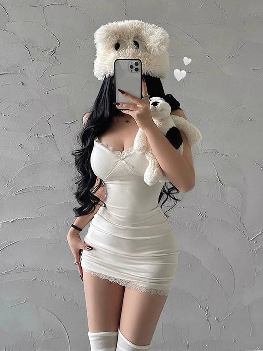 Y2K Retro Lace Patchwork Spaghetti Strap Black Bodycon Dress Mini