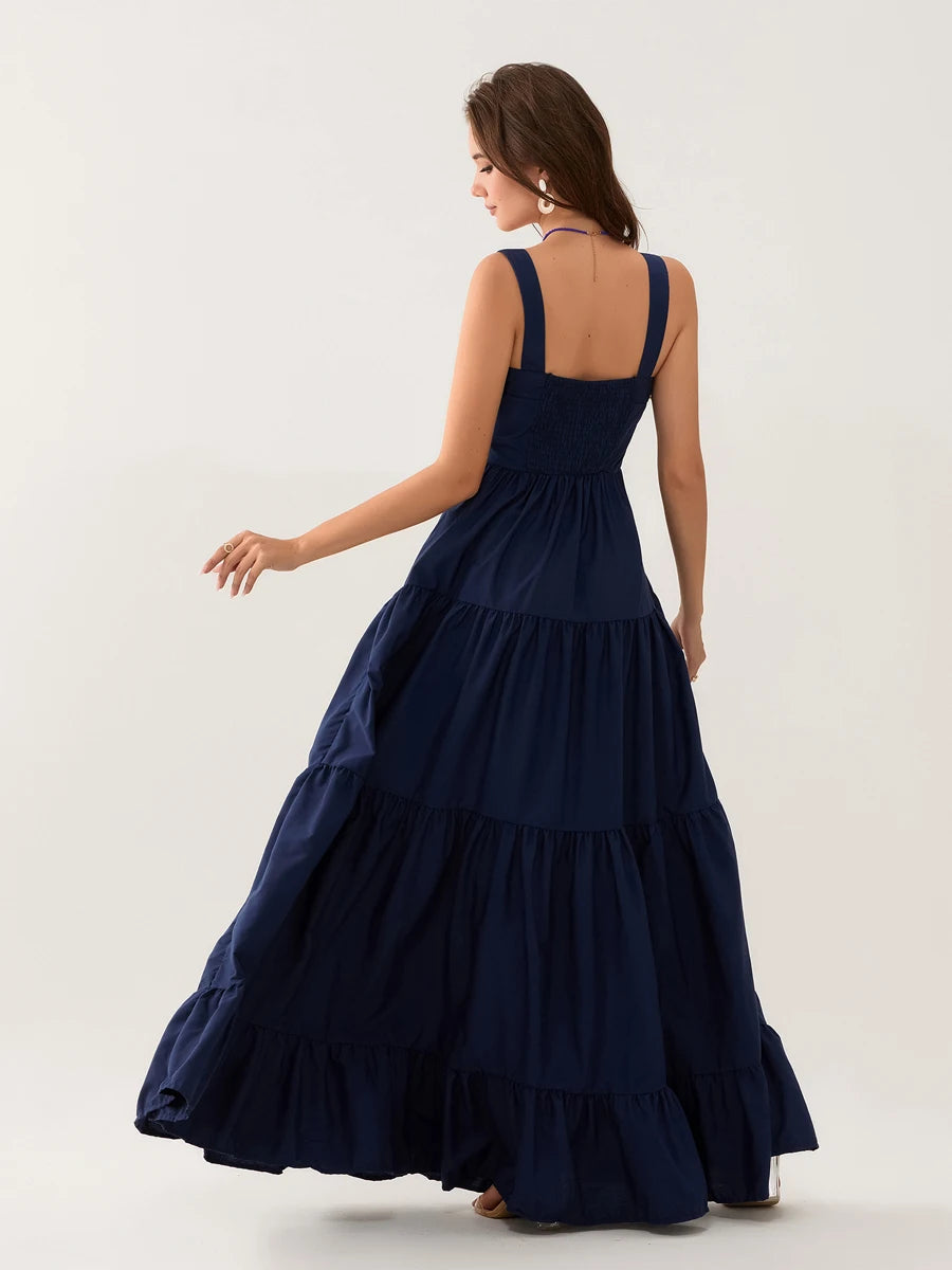wsevypo Elegant Flower/Strawberry Embroidery Long Flowy Hem Dress