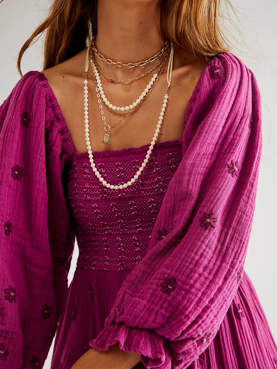 Women's Flower Embroidered Long Dress Bodycon Lantern Sleeve Square