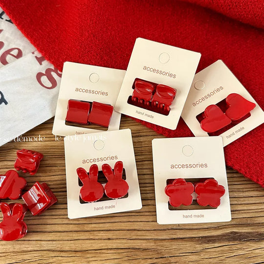 2pcs New Year's Red Festival Mini Hair Clip Retro Red Edge Clip Cute