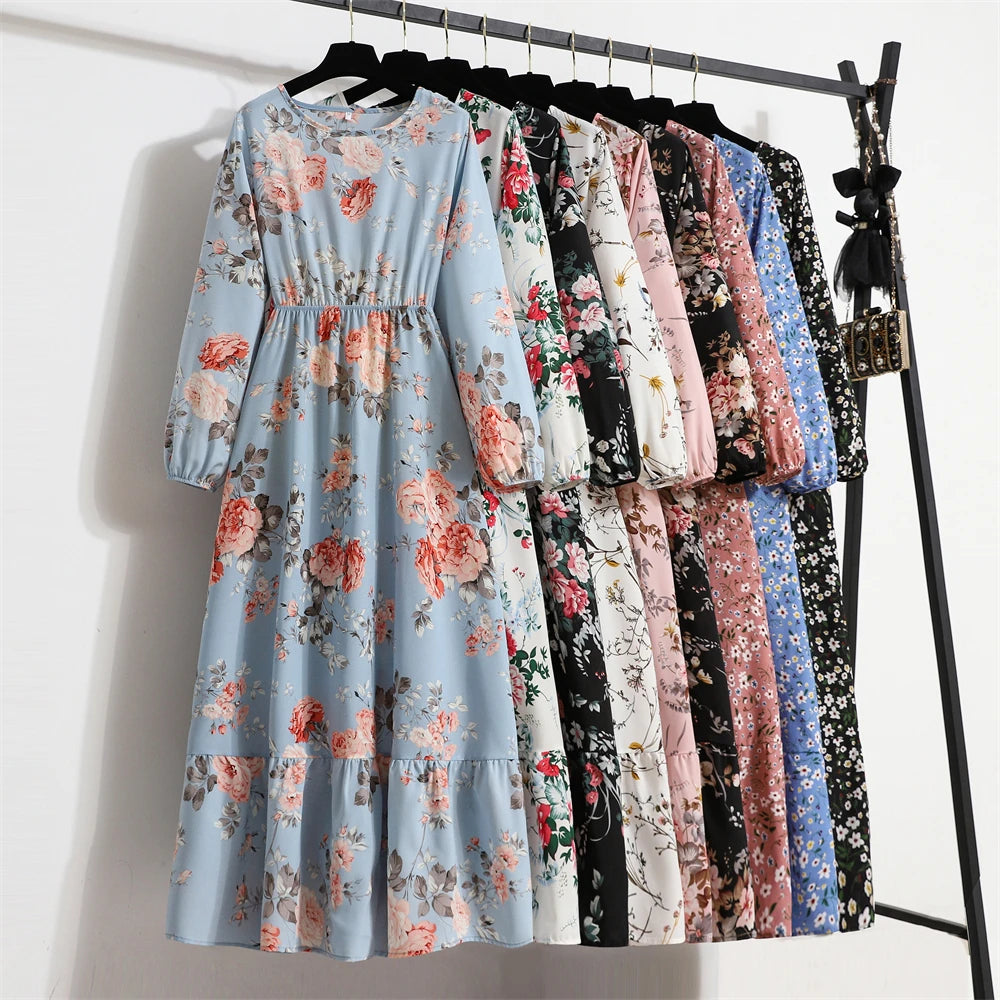 Spring Summer Women Maxi Dresses Casual Full Sleeve Floral Printed