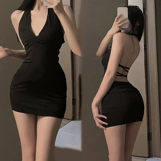 Women Sexy Halter Backless Slim V-neck Wrap Black Party Night Mini