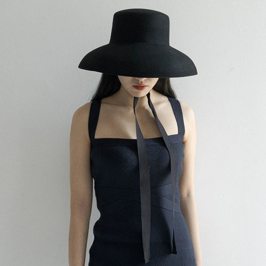 Vintage Elegant Autumn Winter Wool Felt Fedora Hat for Women Flat Top Wide Downturned Brim Hat with Tie Band Church Hat