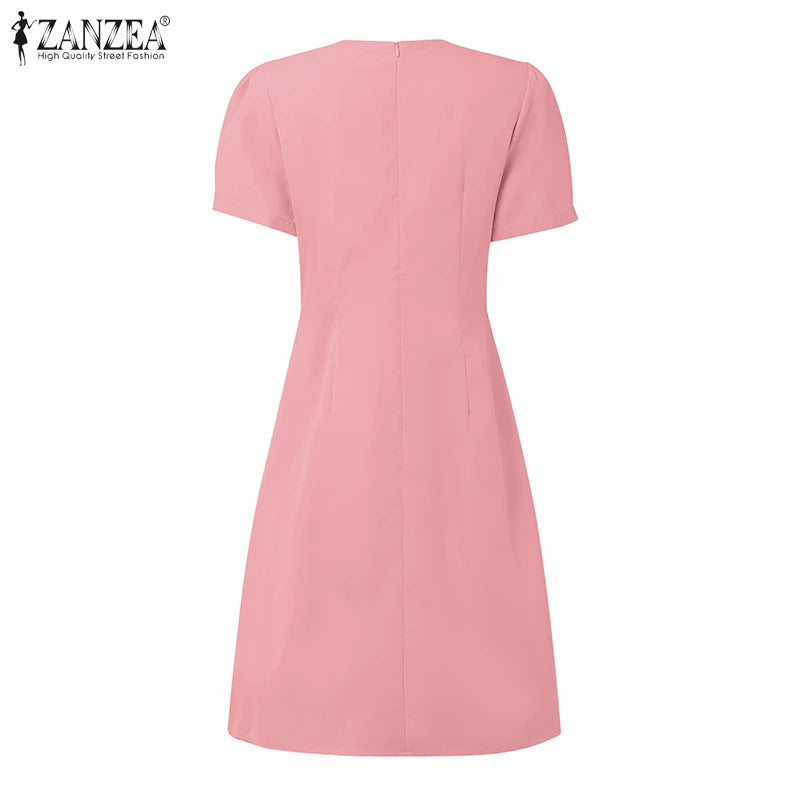 Elegant Pleated Dresses Women Summer Dress V Neck Puff Sleeve Party Vestidos Stylish Solid OL Work Sundress