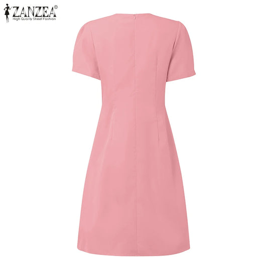 Elegant Pleated Dresses Women Summer Dress V Neck Puff Sleeve Party Vestidos Stylish Solid OL Work Sundress