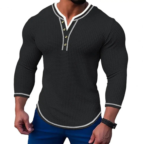 New Men's Waffle Solid color T-shirt Long sleeve V-cardigan Henry Neck