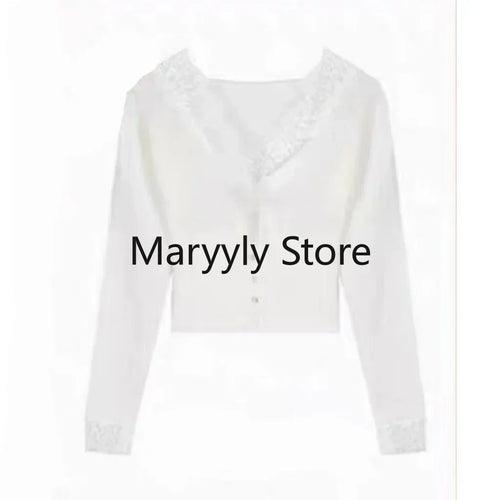 2023 Autumn Women French Long Sleeve Cardigan + High Waist Mini Skirt