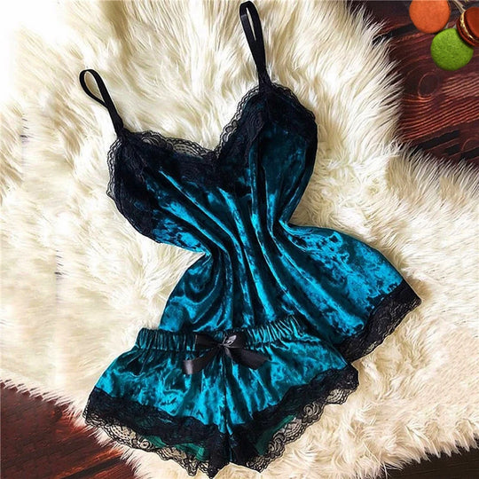 Sexy Lingerie Women Sleep Wear Camisole Bow Shorts V-Neck Tops Velvet