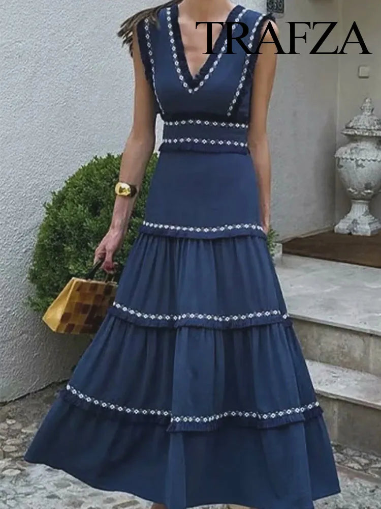 TRAFZA Summer Fashion Women Dresses V-Neck Sleeveless Back Zipper Lace