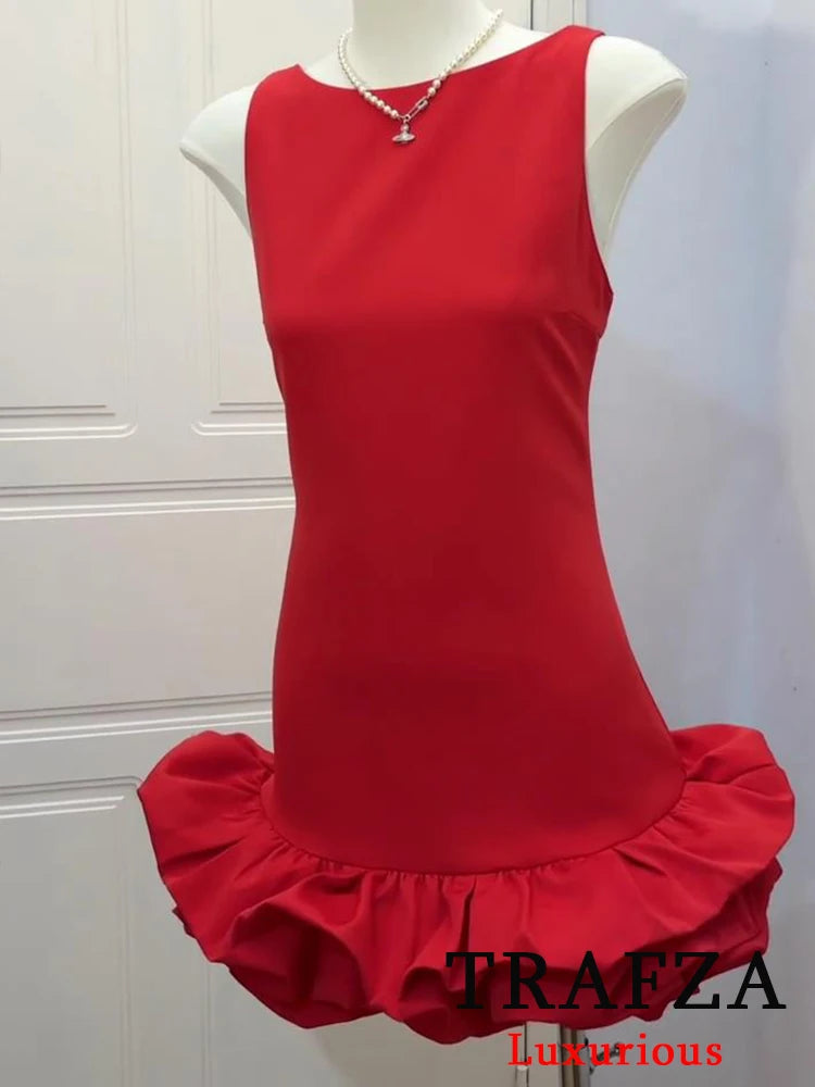 TRAFZA Vintage Chic Red Sexy Women Dress Cami Sleeveless Backless Mini
