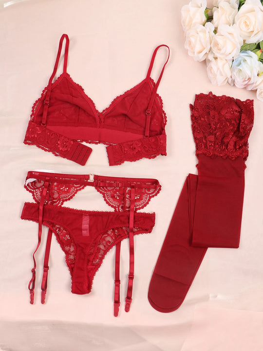 Varsbaby Lace Bra Sets for Women Non-padded Bra Panty Garter Stockings
