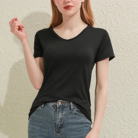 Solid Women Cotton T-shirt V-Neck Short Sleeve Female Tee Slim White