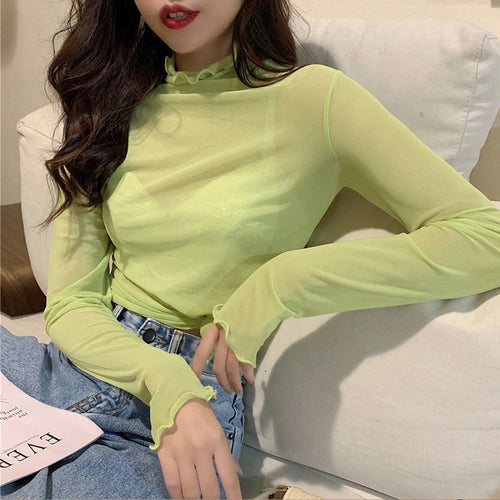 Sexy Women T Shirt See Through Transparent Tops Long Sleeve Ladies