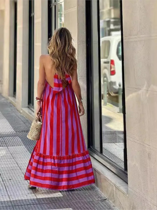 Stripe Print Halter Neck Long Dresses Women Fashion Backless Party