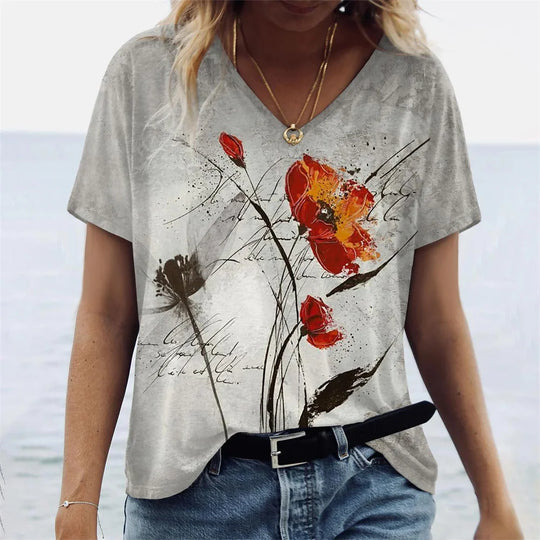 Women's T-shirts Summer Gradient Graphics Tops V Neck Fashion Female