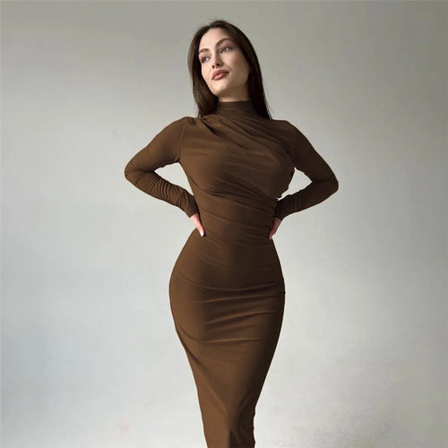 Cryptographic Autumn Elegant Ruched Long Bodycon Dress Fashion Outfits