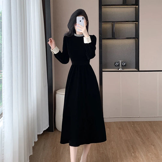 High Quality Fall Winter French Hepburn Velvet Evening Midi Dress