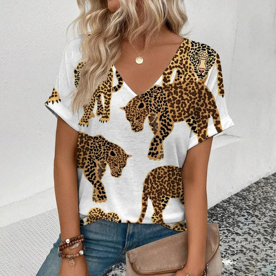 Summer clothing V-neck sexy leopard print T-shirt animal pattern