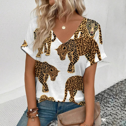 Summer clothing V-neck sexy leopard print T-shirt animal pattern