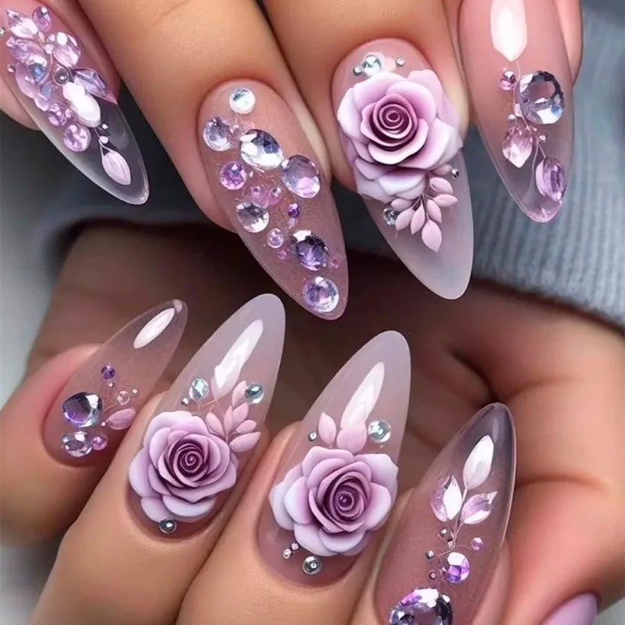 Purple Flower Press on Nails 24Pcs Almond/Coffin Wearable Fake Nails Flower Printed Woman DIY Manicure Acrylic False Nails Tips