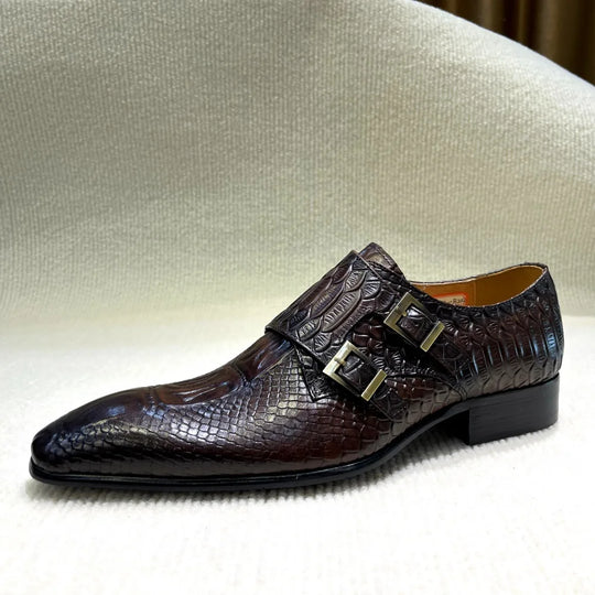 Men's Italian Genuine Leather Formal Oxford Shoes Python Crocodile Pattern Button Detailing for Office Party Wedding Footwear