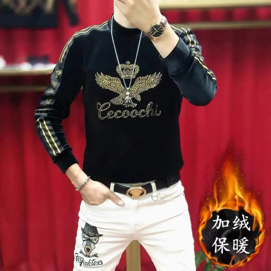 Men's Gold Velvet Plus Velvet Thickened Warm Base Shirt Trendy Diamond Webbing Fashion Top