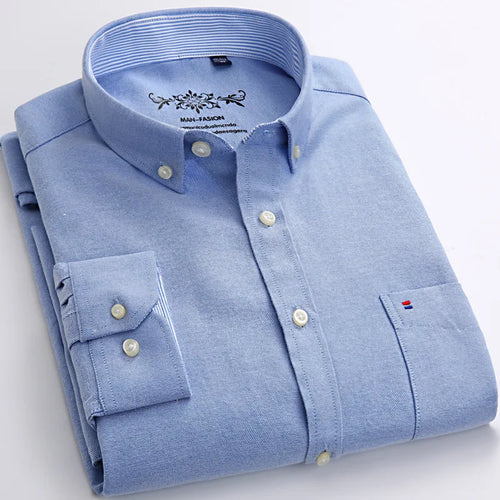 New Men's Long Sleeve Oxford PlaidStriped Casual Shirt Front Patch