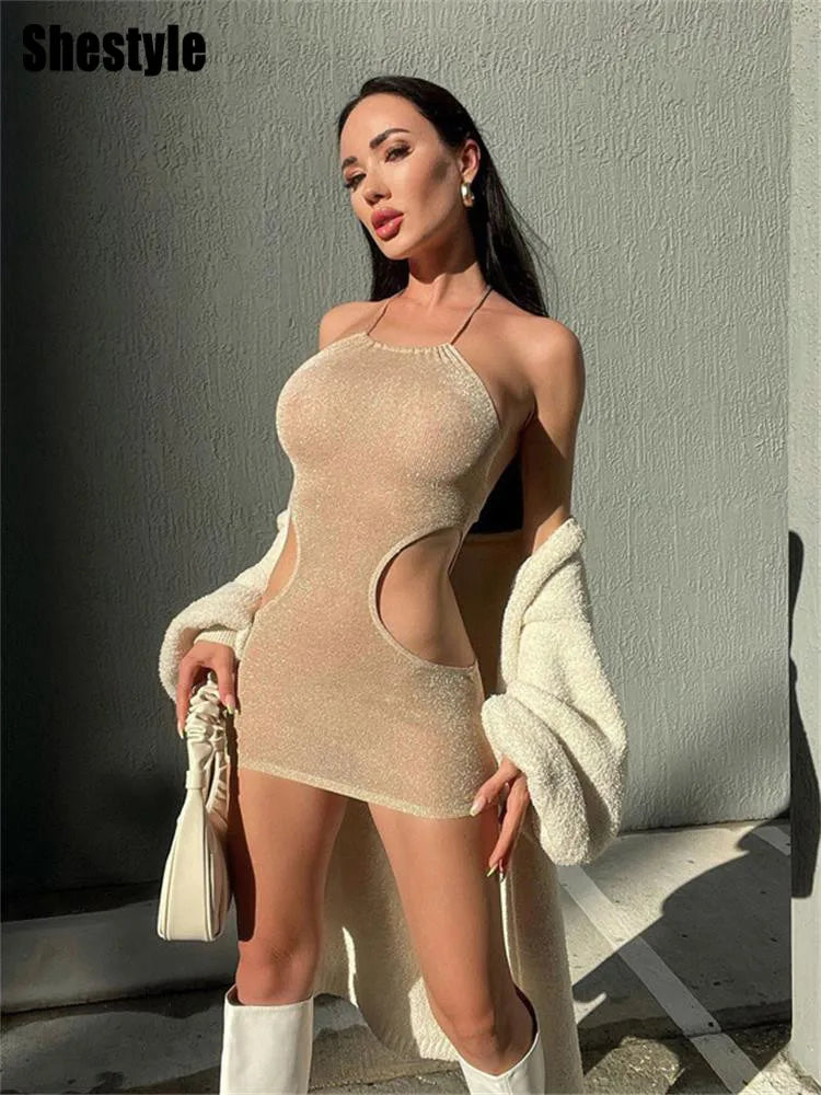 Shestyle Sparkle Halter Sexy Dress Women Sheath Hollow Out Nude
