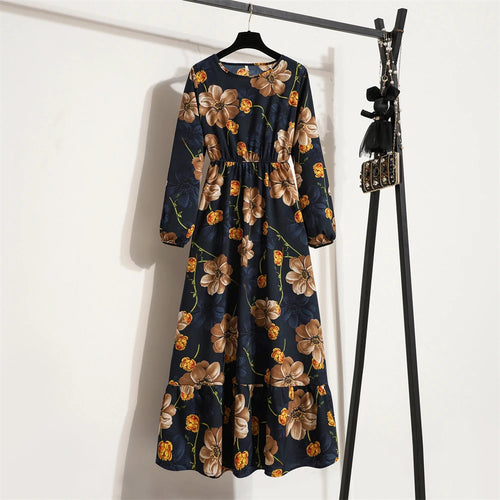 Spring Summer Women Maxi Dresses Casual Full Sleeve Floral Printed
