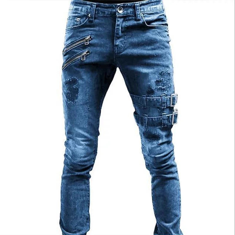 Street Skinny Ripped Jeans Men Denim Cargo Pants Wash Solid Color